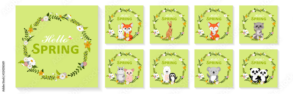 Fototapeta premium Cute animals with flower wreaths. Hello Spring greeting cards, posters, banners set. Hand drawn vector illustration 