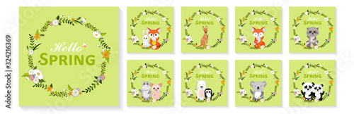 Cute animals with flower wreaths. Hello Spring greeting cards, posters, banners set. Hand drawn vector illustration 
