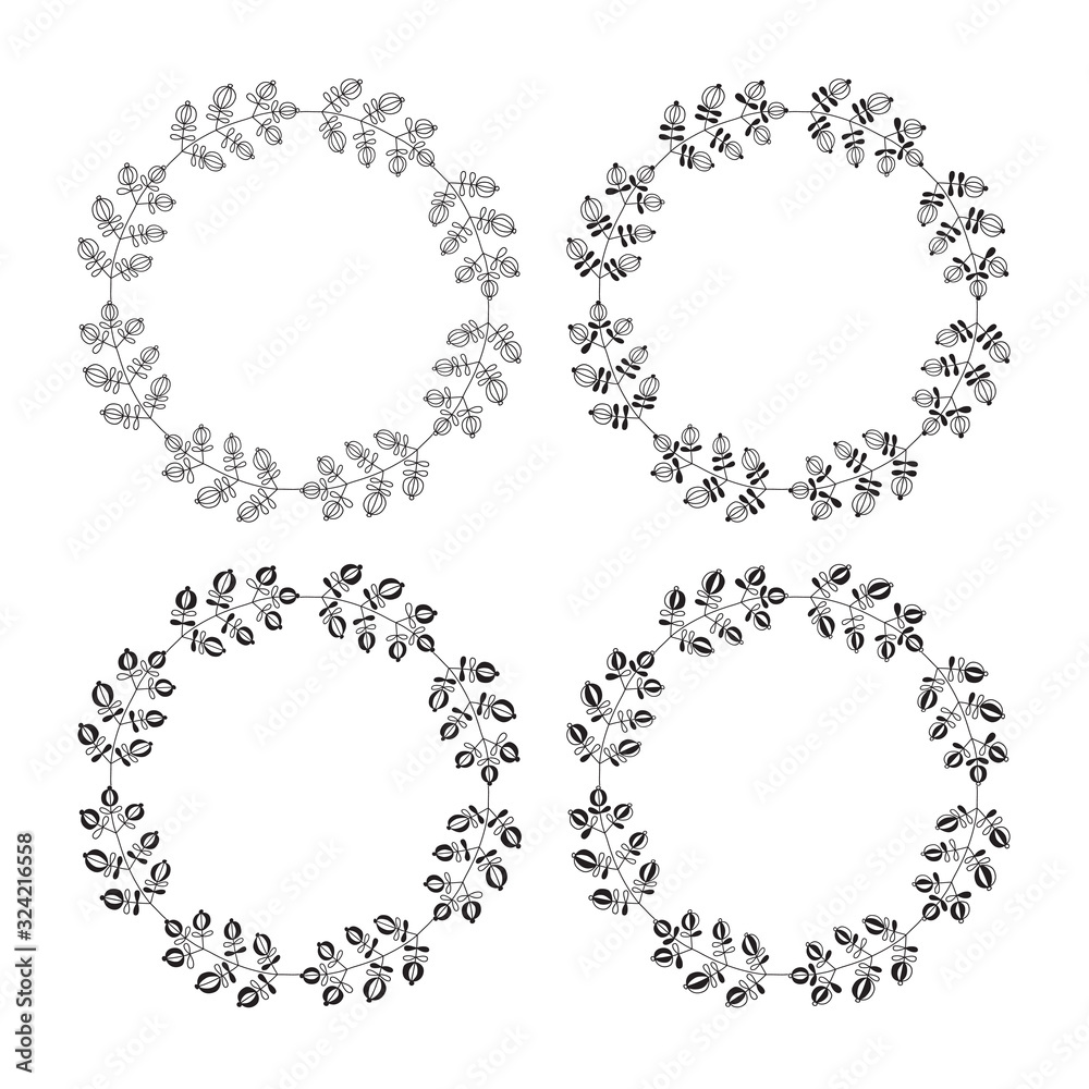 Wreaths of leaves and twigs. Set of four cute black and white vector round floral frames. Wreaths of leaves and twigs. Set of four cute black and white vector round floral frames.