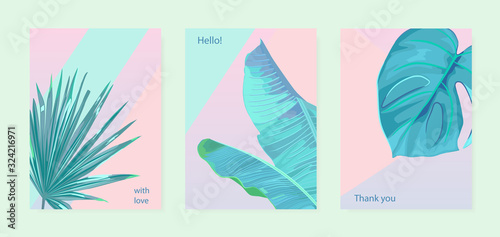 Set of tropic backgrounds with palm leaves for summer party, spa, greeting ca...