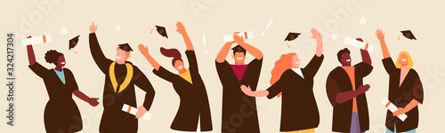 Happy jumping graduate students group. Education vector illustration