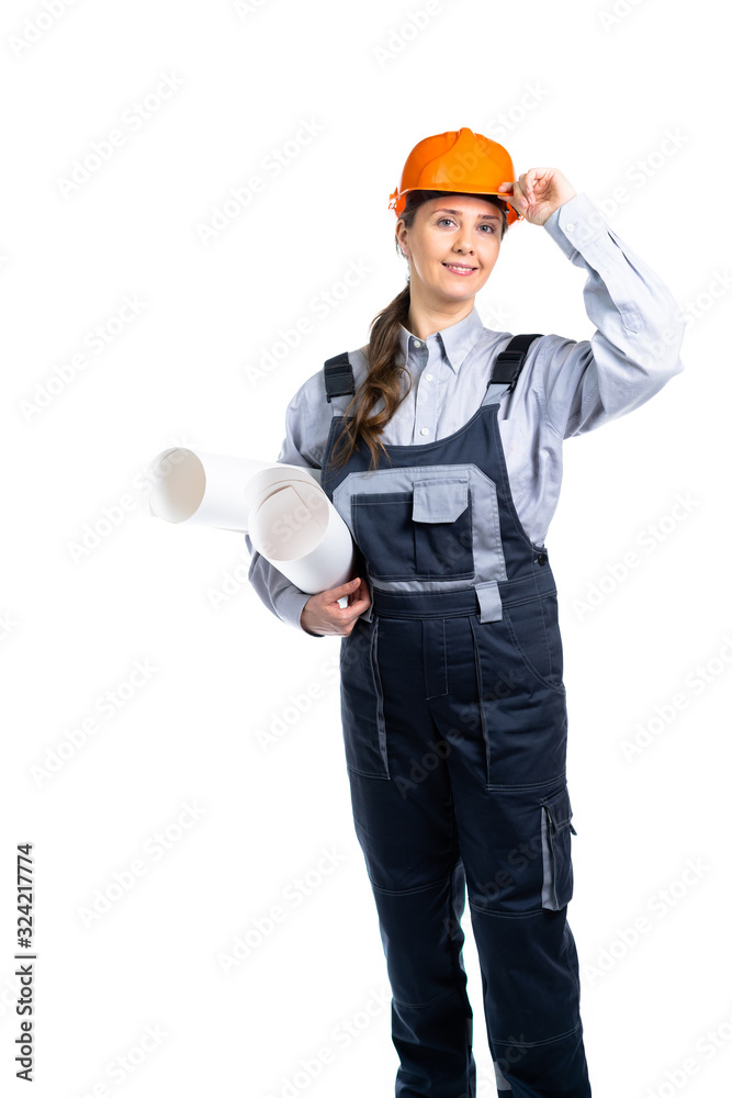 Woman builder with engineering drawings in her hands smiling. Isolated Woman builder with engineering drawings in her hands smiling. Isolated