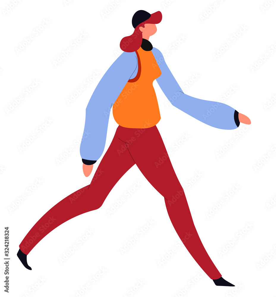 Woman in autumn clothes walking, female character vector