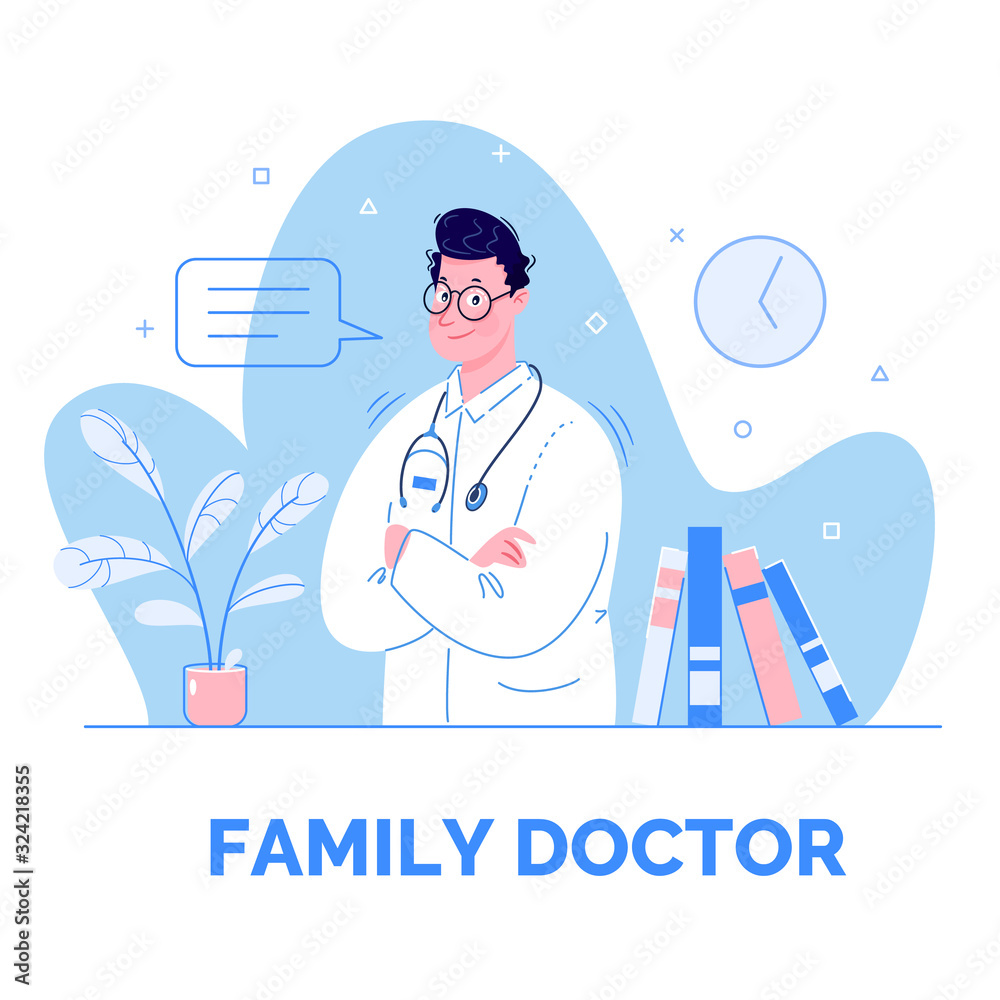 illustration with a friendly smiling doctor with speech bubble and place for text