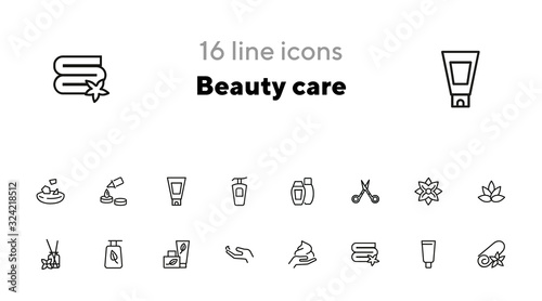 Beauty care line icon set. Shampoo, scissors, towel, flower. Beauty concept. Can be used for topics like cosmetics, spa salon, skin care