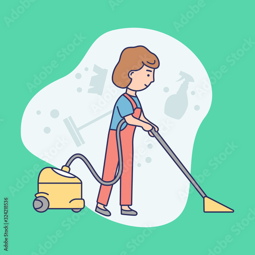 Cleaning Service Concept. Woman In Uniform Is Vacuuming Floor In The Office On Abstract Background. Woman Clean the Room With Vacuum Cleaner. Linear Outline Cartoon Flat Style. Vector Illustration