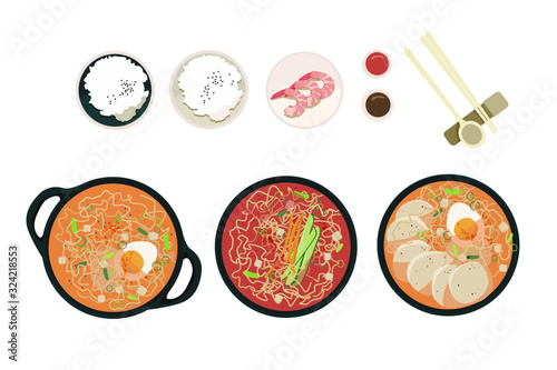 Vector flat set of traditional korean food dishes. View from above, top view on white background. Isolated icons of bibimbap, rice, shrimp, spicy ramen, soft tofu soup, soy sauce. Chopsticks, spoon.
