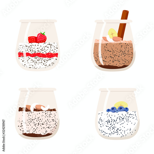 Vector stock set of 4 glass cups chia seed puddings. Strawberry pudding, hazelnut, chocolate, and blueberry with banana. Isolated elements on white background.