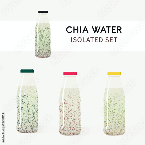 Vector set of 4 glass bottle chia seed water. Bottle colors: red, yellow, blue, black. Chia water - trendy detox food.