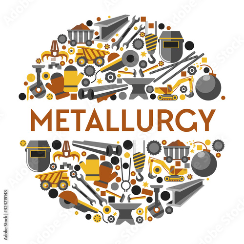 Metallurgy industry work themed icons collection set in circle