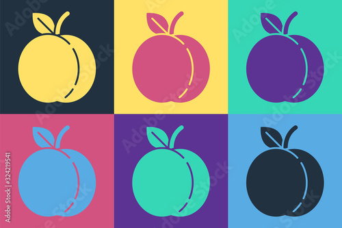 Pop art Peach fruit or nectarine with leaf icon isolated on color background. Vector Illustration