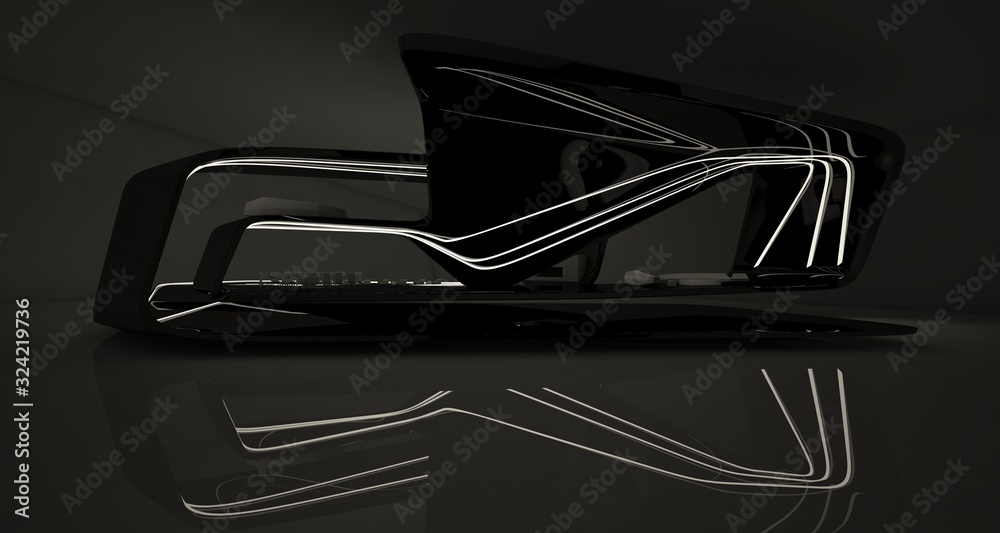 Abstract architectural black and white interior of a modern villa with neon lighting. 3D illustration and rendering. Abstract architectural black and white interior of a modern villa with neon lighting. 3D illustration and rendering.