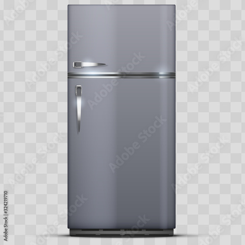 Modern Fridge Freezer refrigerator. Silver color. Household technology and appliances. Vector Illustration isolated on transparent background.
