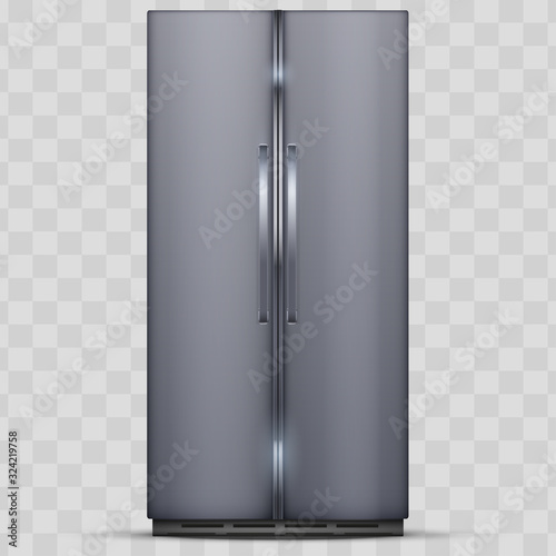 Modern Fridge Freezer refrigerator with double doors. Silver color. Household technology and appliances. Vector Illustration isolated on transparent background.