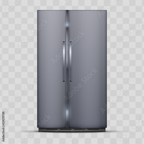 Modern Fridge Freezer refrigerator with double doors. Silver color. Household technology and appliances. Vector Illustration isolated on transparent background.