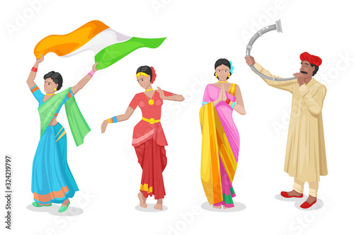 Indian girls dancer, in traditional cloth and decorations, performs dances. Women dancing in traditional Indian style to sounds of traditional music cartoon vector