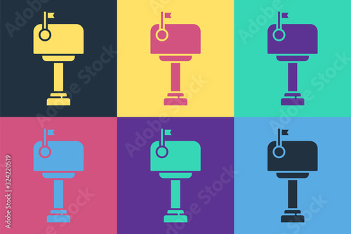 Pop art Mail box icon isolated on color background. Mailbox icon. Mail postbox on pole with flag. Vector Illustration