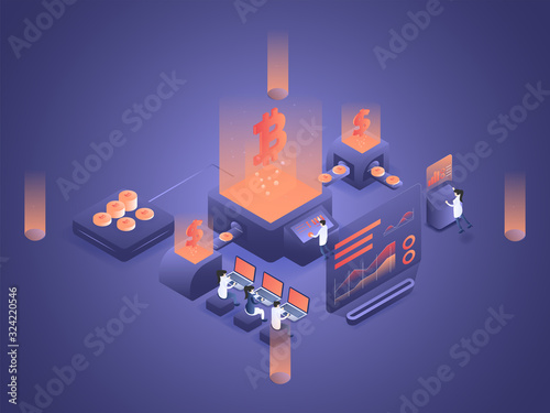 People are processing the graphic chart analytics data of cryptocurrency. 3D vector isometric illustration.