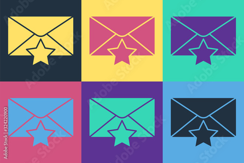 Pop art Envelope with star icon isolated on color background. Important email, add to favourite icon. Starred message mail. Vector Illustration