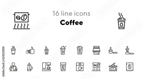 Coffee line icon set. Takeaway cup, grinder, bean. Coffee break concept. Can be used for topics like coffee shop, cafe, morning