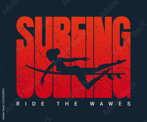 Vector surfer girl and text Surfing ride the wawes. Dark blue background.
