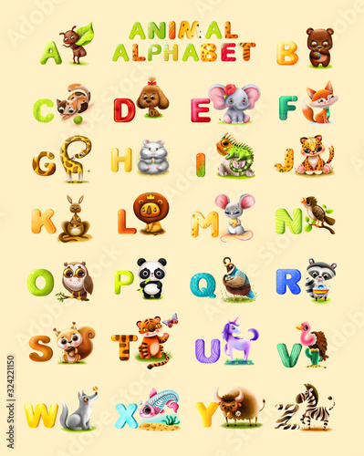 Fototapeta Naklejka Na Ścianę i Meble -  Kids Beautiful Cartoon Alphabet on Animal Examples