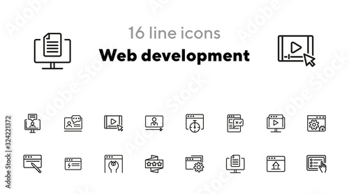 Web development icons. Set of line icons on white background. Homepage, setting folder, webinar. Computer using concept. Vector illustration can be used for topic like internet, technology, web design