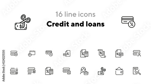 Credit and loans line icon set. Plastic card, interest rate, money. Finance concept. Can be used for topics like banking, accounting, finance management