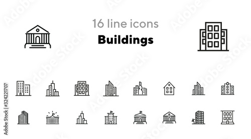 Buildings icons. Set of line icons on white background. Hospital, town house, museum, hotel. City concept. Vector illustration can be used for topics like urban life, architecture, construction