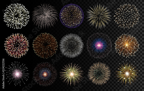 Fireworks realistic vector illustration. Celebrating, birthday and new year decorations.