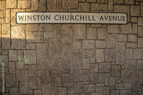 Sign of Winston Churchill Avenue on a brick wall in Gibraltar