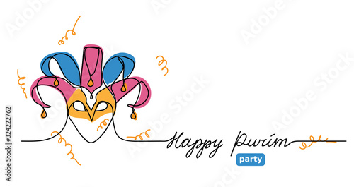 Happy purim simple vector web banner with joker hat . One continuous line drawing, doodle, background, illustration with lettering  Happy purim and clown hat.