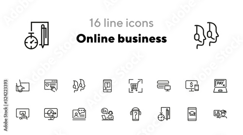 Online business line icon set. Computer, phone, device, webinar, payment, store. Communication concept. Can be used for topics like commerce, education, distance work