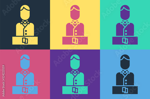 Pop art Casino dealer icon isolated on color background. Casino croupier. Vector Illustration