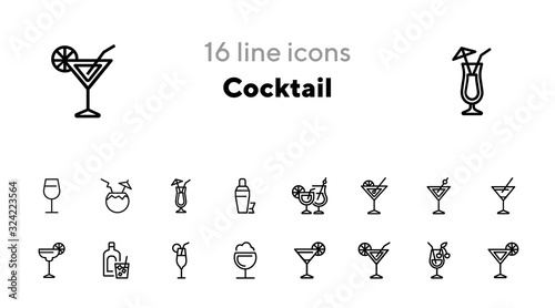Cocktail line icon set. Vermouth, margarita, pina colada. Alcoholic drinks concept. Can be used for topics like bar, party, celebration