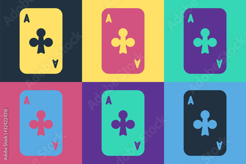 Pop art Playing card with clubs symbol icon isolated on color background. Casino gambling. Vector Illustration
