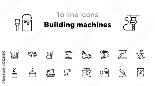 Building machines icons. Set of line icons on white background. Block, engineer, system. Construction concept. Vector illustration can be used for topics like design, manufacturing, industry