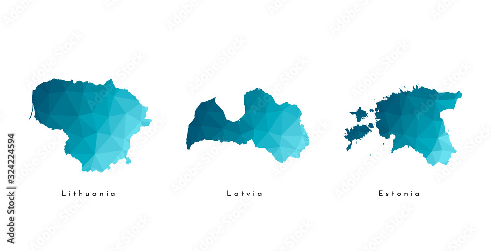Vector isolated illustration icon with simplified blue maps of Baltic states - Estonia, Latvia, Lithuania. Polygonal triangular geometric style. White background - obrazy, fototapety, plakaty 