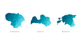 Vector isolated illustration icon with simplified blue maps of Baltic states - Estonia, Latvia, Lithuania. Polygonal triangular geometric style. White background
