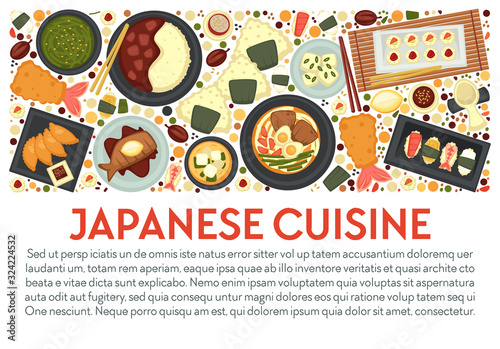 Japanese cuisine banner template with dishes top view and text