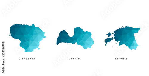 Vector isolated illustration icon with simplified blue maps of Baltic states - Estonia, Latvia, Lithuania. Polygonal triangular geometric style. White background photo