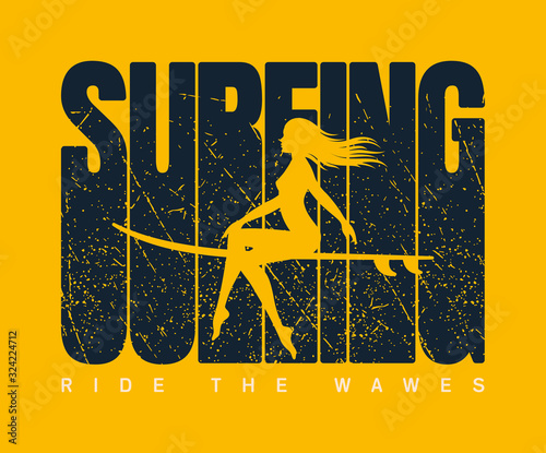 Vector surfer girl and text Surfing ride the wawes. Yellow background.