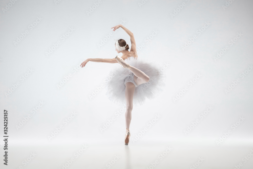 Moving. Young graceful classic ballerina dancing on white studio background. Woman in tender clothes like a white swan. The grace, artist, movement, action and motion concept. Looks weightless.