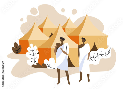 Mina tents area, muslim pilgrims and Islam sacred pilgrimage