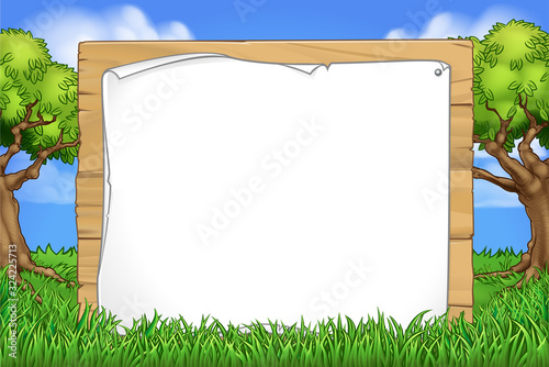 A cartoon background with a wooden sign in a park or forest