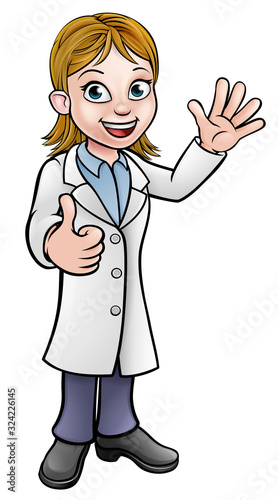 A cartoon woman scientist professor wearing lab white coat waving and giving a thumbs up