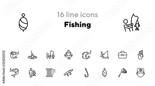 Fishing icon. Set of line icons on white background. Fish, catch, angling, harpoon. Fisherman concept. Vector illustration can be used for topics like leisure, recreation, hobby