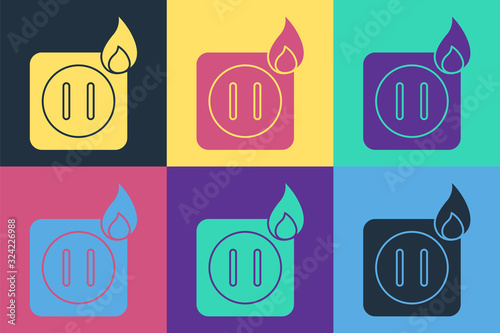 Pop art Electric wiring of socket in fire icon isolated on color background. Electrical safety concept. Plug outlet on fire. Vector Illustration
