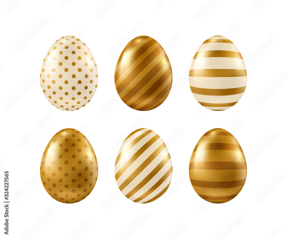 Set of vector golden realistic Easter eggs isolated on white background. Decorative design elements for Easter design. Set of vector golden realistic Easter eggs isolated on white background. Decorative design elements for Easter design.