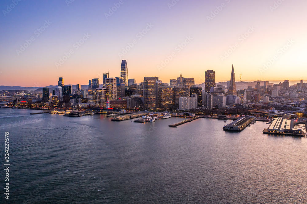 San Francisco downtown buildings skyline aerial sunset evening